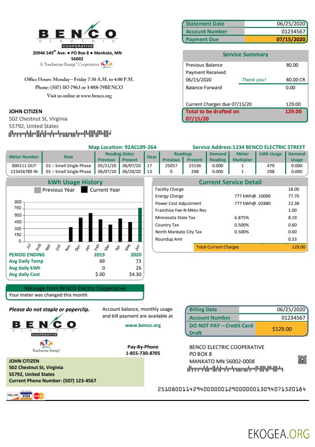 USA Minnesota Benco Elecric electricity easy fillable utility bill template in Word and PDF format (.doc and .pdf)